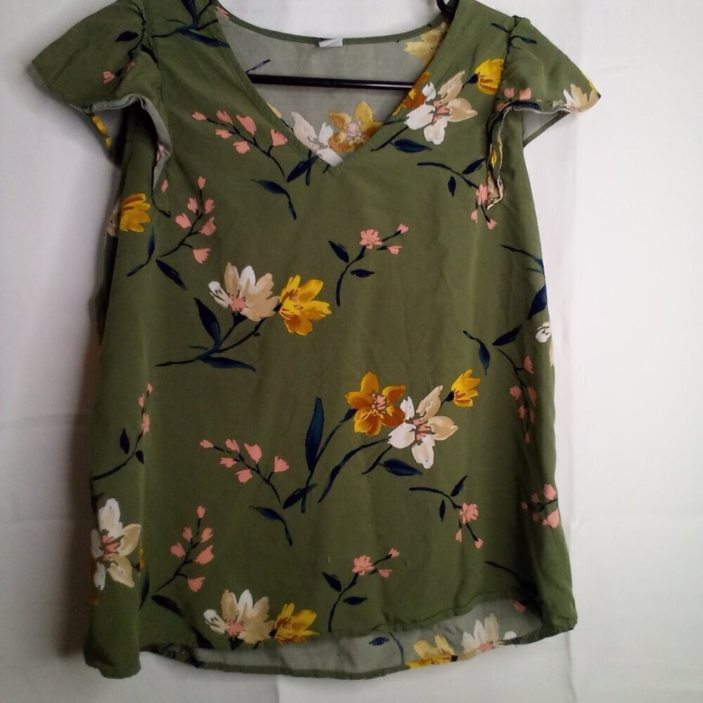 Old Navy Shirt Blouse Women S Short Sleeve Tropical Floral Green - Picture 2 of 14